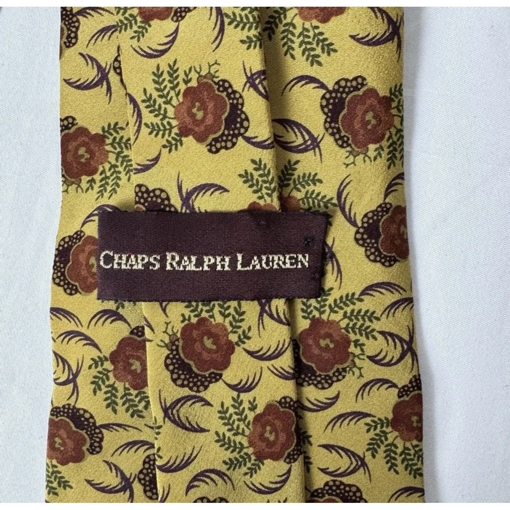 Chaps Ralph Lauren‎ Silk Floral Tie Yellow Gold With Flower Print Retro Formal